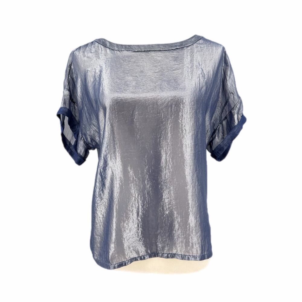 W By Worth Navy Shimmer Metallic Short Sleeve Semi Sheer Lightweight Party Top